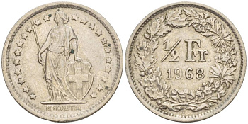 Швейцария 1/2 франка 1968 В KM 23а.1 медно-никель 4549-146