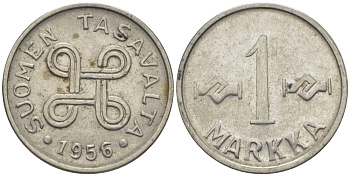 ФИНЛЯНДИЯ 1 МАРКА 1956 KM 36а железо плакированное никелем 100-219