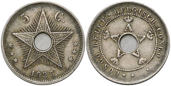 Бельгийское Конго 5 сантимов 1925 звезда KM 17 медно-никель 4549-1133