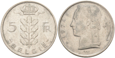 БЕЛЬГИЯ 5 ФРАНКОВ 1974 BELGIE KM 135.1 медно-никель 106-555