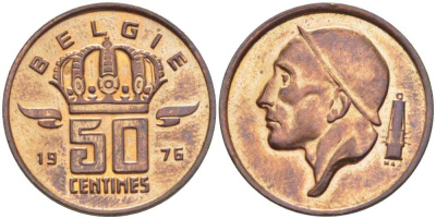 БЕЛЬГИЯ 50 САНТИМОВ 1976 BELGIE, БОДУЭН I (1951-1993) KM 149.1 бронза 206-156