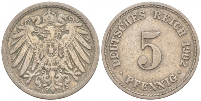 ГЕРМАНИЯ 5 ПФЕННИГОВ 1902 A, KM 11, J. 12 медно-никель 73-1535