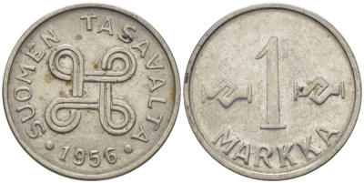 ФИНЛЯНДИЯ 1 МАРКА 1956 KM 36а железо плакированное никелем 100-219