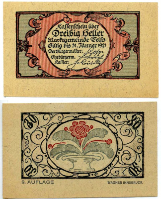 ТЕЛЬФС, Австрия 30 геллеров 1921 31 января 1921, нотгельд, второй выпуск, ЗЕМЛЯ ТИРОЛЬ бумага 7523-11-4-2