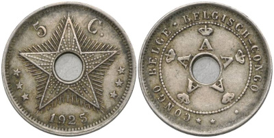 Бельгийское Конго 5 сантимов 1925 звезда KM 17 медно-никель 4549-1133