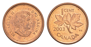 Канада 1 цент 2003 P, Елизавета II (1952-2022), кленовый лист KM 490a сталь плакированная медью UNC 4630-625