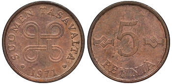 ФИНЛЯНДИЯ 5 ПЕННИ 1971 KM 45 медь 3334-1054