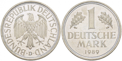 ФРГ 1 МАРКА 1989 D KM 110 J 385 медно-никель 87-1554