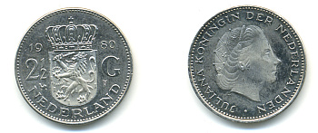 Нидерланды 2 1/2 гульдена 1980 Юлиана (1948-1980) KM 191 никель 83-641