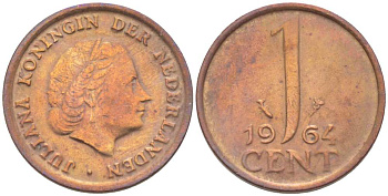 Нидерланды 1 цент 1964 Юлиана (1949-1980) KM 180 бронза 3309-335
