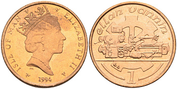Остров Мэн 1 пенни 1994 АА, токарный станок, Елизавета II (1952) KM 207 бронза BUNC 4582-123