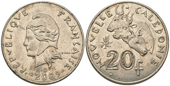 Французская Новая Каледония 20 франков 2009 три быка, (IEOM) KM 12a, Schoen 14a, Lec 115j медно-никель 84-112