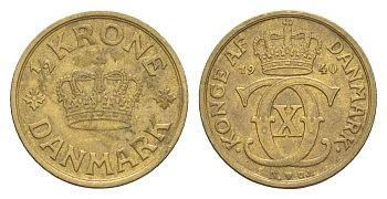 Дания 1/2 кроны 1940 N, Кристиан X (1912-1947) KM 831 алюминиевая бронза 4651-1026