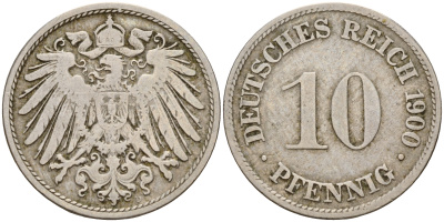 Германия 10 пфеннигов 1900 D J. 13,  KM 12 медно-никель    4603-557