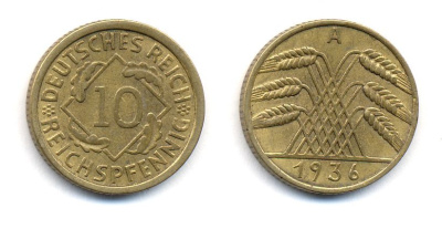 ГЕРМАНИЯ 10 РЕЙХСПФЕННИГОВ 1936 A, KM 40, J. 317 алюминиевая бронза 35-714