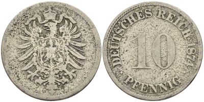ГЕРМАНИЯ 10 ПФЕННИГОВ 1874 D, СТАРОГЕРБОВКА KM 4, J. 4 медно-никель 4401-235