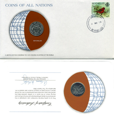 СЕЙШЕЛЬСКИЕ ОСТРОВА 50 ЦЕНТОВ 1977 КОНВЕРТ С МАРКОЙ ПЕРВОГО ДНЯ ГАШЕНИЯ, COINS OF NATIONS KM 34 медно-никель UNC 4294-18-1