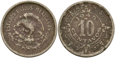 Мексика 10 сентаво 1945 KM 432 медно-никель 4135-341