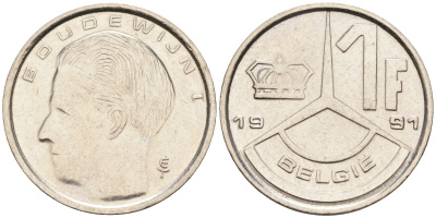 БЕЛЬГИЯ 1 ФРАНК 1991 BELGIE KM 171 железо плакированное никелем 4588-514