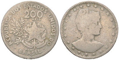 Бразилия 200 реалов 1901 MCMI, голова свободы вправо KM 504 медно-никель 4612-145