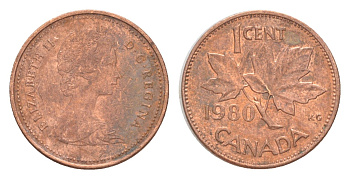 Канада 1 цент 1980 Елизавета II (1952-2022), кленовый лист KM 127 бронза 4639-355