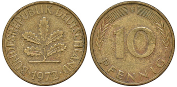 ФРГ 10 пфеннигов 1972 D KM 108, J. 383 сталь плакированная латунью 4132-546