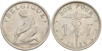 БЕЛЬГИЯ 1 ФРАНК 1934 BELGIQUE KM 89 никель 4546-226