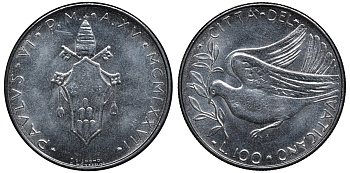 Ватикан 100 лир 1977 голубь, папа Павел VI (1963-1978) KM 122 нержавеющая сталь UNC 4579-652