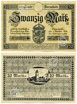 Германия, Дармштадт 20 марок 1918 - 1919 1 октября 1918 - 1 Февраля 1919, нотгельд, земля Гессен, водяной знак перепечатка, № номер снежинка, с перфорацией Geiger 092.09а  бумага  UNC (пресс) 8613-33-1-2