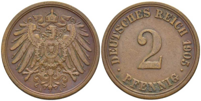 ГЕРМАНИЯ 2 ПФЕННИГА 1905 A KM 16, J. 11, Weege 4 медь 206-515