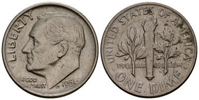 США 10 центов (дайм) 1965 Рузвельт KM 195a медь плакированная медно-никелем 4164-923