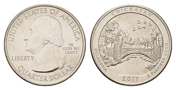 США 25 центов (квотер, 1/4 доллара) 2011 D, Квотеры «Парки США» - Национальный парк Чикасо KM 498 медь плакированный медно-никелем UNC 4629-227
