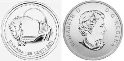 КАНАДА 25 ЦЕНТОВ 2011 СЕРИЯ ЖИВОТНЫЕ КАНАДЫ - БИЗОН KM 1168 никелированная сталь UNC M47-15