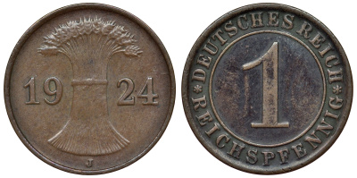 Германия 1 рейхспфенниг 1924 J KM 37, J. 313 бронза 4124-113