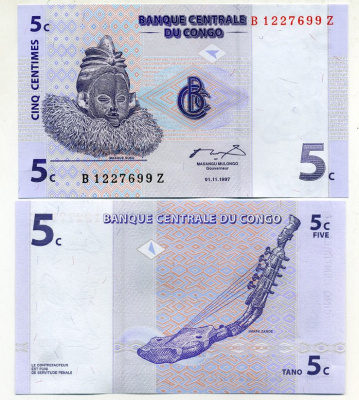 ДР Конго 5 сантимов 1997 маска суку, музыкальный инструмент занде Pick 81 a бумага UNC (пресс) 448-63-3