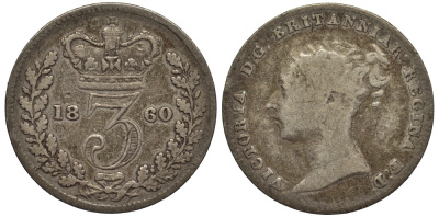 Великобритания 3 пенса 1860 Виктория (1837-1901) KM 730, Spink 3914A серебро 4528-358
