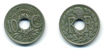 ФРАНЦИЯ 10 САНТИМОВ 1923 tb, ТИП ЛИНДАЙЁ, МОНЕТНЫЙ ДВОР ПУАССИ, МОЛНИЯ KM 866а медно-никель 84-339