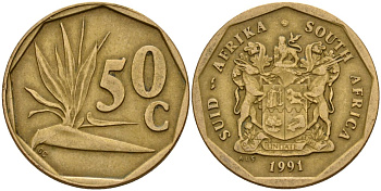 ЮАР 50 центов 1991 цветок KM 137 сталь плакированная латунью 4163-1131
