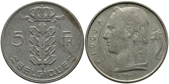 БЕЛЬГИЯ 5 ФРАНКОВ 1966 BELGIQUE KM 134.1 медно-никель 98-635