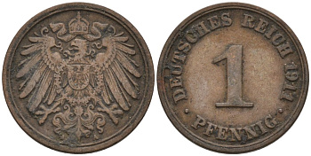 Германия 1 пфенниг 1911 A KM 10, J. 10 медь 4576-157
