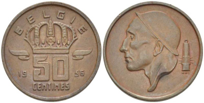 БЕЛЬГИЯ 50 САНТИМОВ 1956 BELGIE, БОДУЭН I (1951-1993) KM 149.1 бронза 206-139