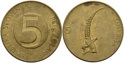 Словения 5 толаров 1993 ибекс, альпийский горный козел KM 6 латунь 4156-455