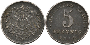 Германия 5 пфеннигов 1919 А KM 19, J.297 железо 4567-1023