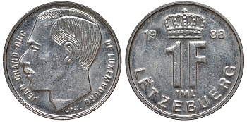 Люксембург 1 франк 1988 малый формат KM 63 сталь плакированная никелем 4532-643