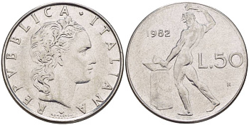 ИТАЛИЯ 50 ЛИР 1982 R, БОГ ОГНЯ ВУЛКАН У НАКОВАЛЬНИ KM 95.1 нержавеющая сталь 4551-412