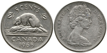 Канада 5 центов 1965 Елизавета II (1952-2022), бобер KM 60.1 никель 4543-637