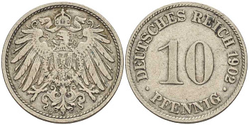 ГЕРМАНИЯ 10 ПФЕННИГОВ 1902 D KM 12, J. 13 медно-никель 4401-1241