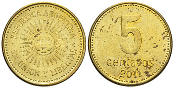 Аргентина 5 сентаво 2011 майское солнце KM 109b, CJ 2, Schon 109b сталь плакированная латунью 4609-1247