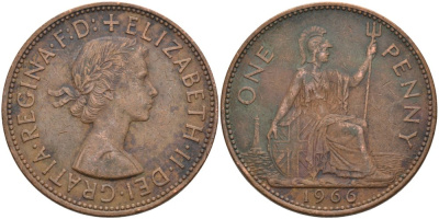 Великобритания 1 пенни 1966 Елизавета II (1952-2022) KM 897, Spink 4157 бронза 4574-316