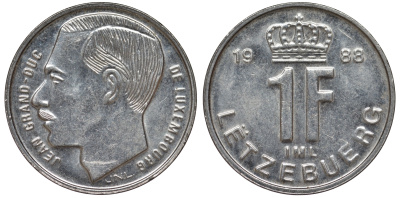 Люксембург 1 франк 1988 малый формат KM 63 сталь плакированная никелем 4532-643